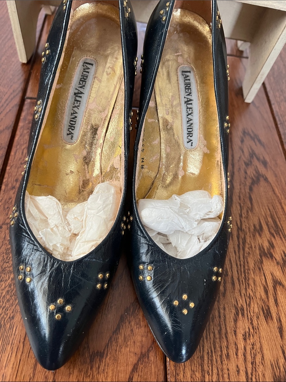 Lauren Alexandra Navy Pointed-Toe Heels with Gold Studs